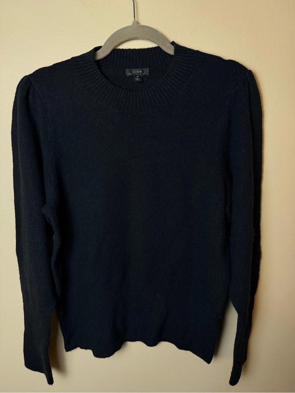 J.Crew Puff Sleeve Crewneck Sweater Supersoft Yarn Black Merino Alpaca Size M